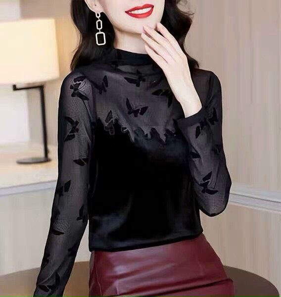 Áo Nhung Cổ Lưới Bướm Nổi - SM51